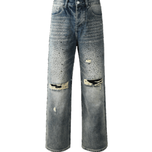 Jeans anchos de mezclilla con pedrería y rotos